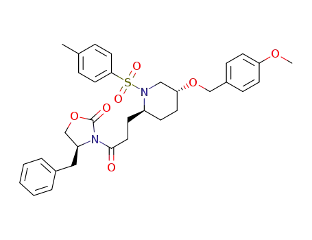 Molecular Structure of 959937-89-4 ((S)-4-benzyl-3-{3-[(2S,5R)-5-(4-methoxybenzyloxy)-1-(toluene-4-sulphonyl)piperidin-2-yl]propionyl}oxazolidin-2-one)