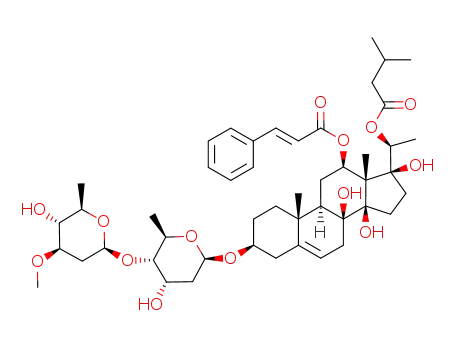 Molecular Structure of 1206547-23-0 ((3β,12β,14β,17α)-3-{[2,6-dideoxy-4-O-(2,6-dideoxy-3-O-methyl-β-D-arabino-hexopyranosyl)-β-D-ribo-hexopyranosyl]oxy}-8,14,17-trihydroxy-12-{[(2E)-3-phenylprop-2-enoyl]oxy}pregn-5-en-20-yl 3-methylbutanoate)