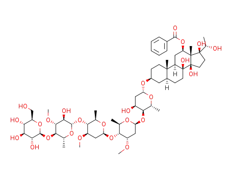 Molecular Structure of 1129992-63-7 (3-O-β-D-glucopyranosyl-(1->4)-β-D-thevetopyranosyl-(1->4)-β-D-oleandropyranosyl-(1->4)-β-D-cymaropyranosyl-(1->4)-β-D-digitoxopyranosyl-12-O-benzoyl-dihydrosarcostin)