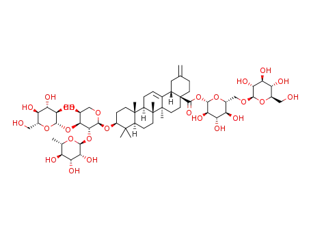 Molecular Structure of 1260096-79-4 (O-β-D-glucopyranosyl-(1->6)-β-D-glucopyranosyl 3-[(O-β-D-glucopyranosyl-(1->3)-O-[α-L-rhamnopyranosyl-(1->2)]-α-L-arabinopyranosyl)oxy]-30-noroleana-12,20(29)-dien-28-oate)