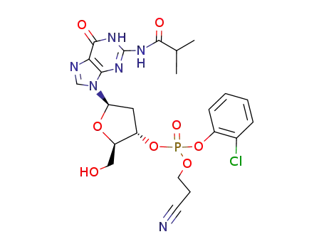 Molecular Structure of 80817-39-6 (3-Guanylic acid, 2-deoxy-N-(2-methyl-1-oxopropyl)-, 2-chlorophenyl 2-cyanoethyl ester)