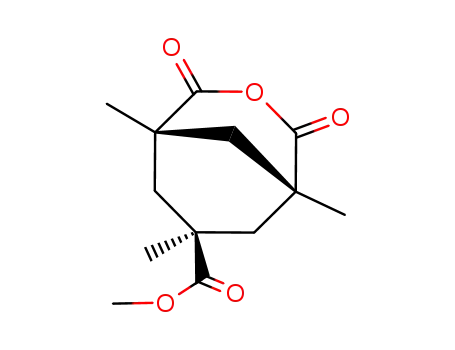 Molecular Structure of 156571-20-9 ((1R,5S,7S)-1,5,7-Trimethyl-2,4-dioxo-3-oxa-bicyclo[3.3.1]nonane-7-carboxylic acid methyl ester)