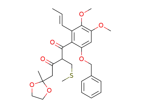 Molecular Structure of 95730-76-0 (1,3-Butanedione,
1-[3,4-dimethoxy-6-(phenylmethoxy)-2-(1-propenyl)phenyl]-4-(2-methyl-
1,3-dioxolan-2-yl)-2-[(methylthio)methyl]-)