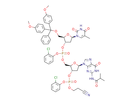 Molecular Structure of 78129-27-8 (3'-Guanylic acid,5'-O-[bis(4-methoxyphenyl)phenylmethyl]-P-(2-chlorophenyl)thymidylyl-(3'&reg;5')-2'-deoxy-N-(2-methyl-1-oxopropyl)-,2-chlorophenyl 2-cyanoethyl ester (9CI))