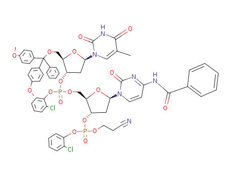 Molecular Structure of 78150-12-6 (3'-Cytidylic acid,5'-O-[bis(4-methoxyphenyl)phenylmethyl]-P-(2-chlorophenyl)thymidylyl-(3'®5')-N-benzoyl-2'-deoxy-,2-chlorophenyl 2-cyanoethyl ester (9CI))