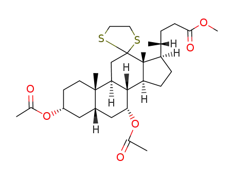 Molecular Structure of 82267-82-1 (3α,7α-diacetoxy-12,12-ethanediyldimercapto-5β-cholan-24-oic acid methyl ester)