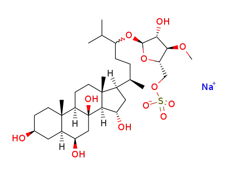 Molecular Structure of 113626-21-4 (Cholestane-3,6,8,15-tetrol,24-[(3-O-methyl-5-O-sulfo-b-D-xylofuranosyl)oxy]-, monosodium salt, (3b,5a,6a,15b,24S)- (9CI))
