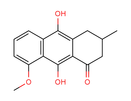 Molecular Structure of 80301-51-5 (9,10-Dihydroxy-8-methoxy-3-methyl-3,4-dihydro-2H-anthracen-1-one)