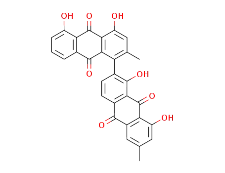 Molecular Structure of 51419-55-7 (1',4,5,8'-Tetrahydroxy-2,6'-dimethyl[1,2'-bianthracene]-9,9',10,10'-tetrone)