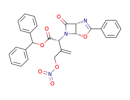 Molecular Structure of 67977-90-6 ((R)-3-Nitrooxymethyl-2-((1R,5S)-7-oxo-3-phenyl-4-oxa-2,6-diaza-bicyclo[3.2.0]hept-2-en-6-yl)-but-3-enoic acid benzhydryl ester)