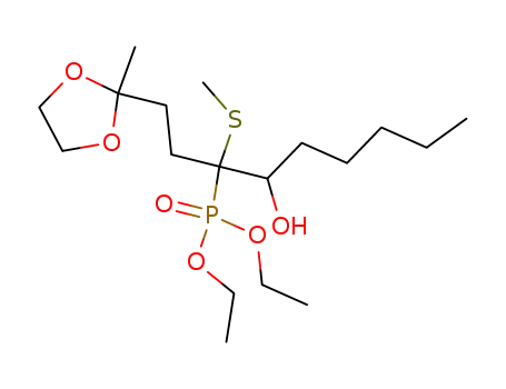Molecular Structure of 80436-58-4 ({2-Hydroxy-1-[2-(2-methyl-[1,3]dioxolan-2-yl)-ethyl]-1-methylsulfanyl-heptyl}-phosphonic acid diethyl ester)