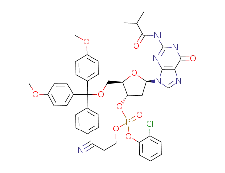 Molecular Structure of 80817-36-3 (3'-Guanylicacid,5'-O-[bis(4-methoxyphenyl)phenylmethyl]-2'-deoxy-N-(2-methyl-1-oxopropyl)-,2-chlorophenyl 2-cyanoethyl ester (9CI))