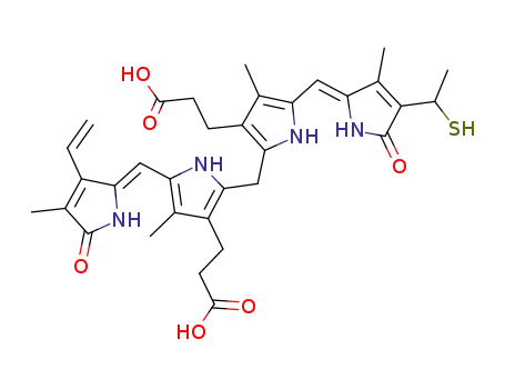 Molecular Structure of 66735-42-0 (3,3'-[2-(1-mercapto-ethyl)-3,7,13,18-tetramethyl-1,19-dioxo-17-vinyl-1,10,19,22,23,24-hexahydro-21<i>H</i>-biline-8,12-diyl]-bis-propionic acid)