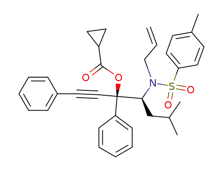 Molecular Structure of 1427519-96-7 ((3S,4S)-4-(N-allyl-4-methylphenylsulfonamido)-6-methyl-1,3-diphenylhept-1-yn-3-yl cyclopropanecarboxylate)