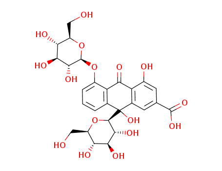 Molecular Structure of 111545-28-9 (2-Anthracenecarboxylicacid, 9-b-D-glucopyranosyl-5-(b-D-glucopyranosyloxy)-9,10-dihydro-4,9-dihydroxy-10-oxo-,(9S)- (9CI))