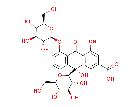Molecular Structure of 111545-28-9 (2-Anthracenecarboxylicacid, 9-b-D-glucopyranosyl-5-(b-D-glucopyranosyloxy)-9,10-dihydro-4,9-dihydroxy-10-oxo-,(9S)- (9CI))
