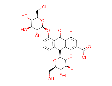 Molecular Structure of 111545-29-0 (2-Anthracenecarboxylicacid, 9-b-D-glucopyranosyl-5-(b-D-glucopyranosyloxy)-9,10-dihydro-4-hydroxy-10-oxo-,(9R)- (9CI))
