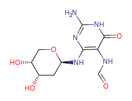 Molecular Structure of 85888-50-2 (9-(2-deoxy-β-D-erythropentopyranosyl)-2,4-diamino-5-formamidopyrimid-6-one)