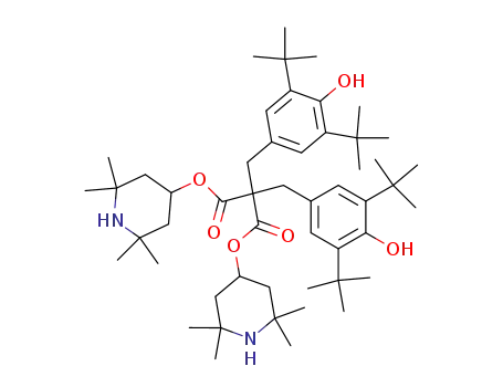 Molecular Structure of 56677-69-1 (bis(2,2,6,6,-tetramethyl-4-piperidyl) bis[[3,5-bis(1,1-dimethylethyl)-4-hydroxyphenyl]methyl]malonate)