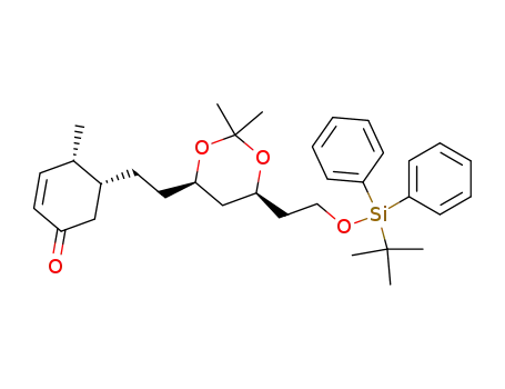 Molecular Structure of 116996-32-8 (<4R-<4α(4R<sup>*</sup>,5R<sup>*</sup>),6α>>-5-<2-<6-<2-<<(1,1-dimethylethyl)diphenylsilyl>oxy>ethyl>-2,2-dimethyl-1,3-dioxan-4-yl>ethyl>-4-methyl-2-cyclohexen-1-one)