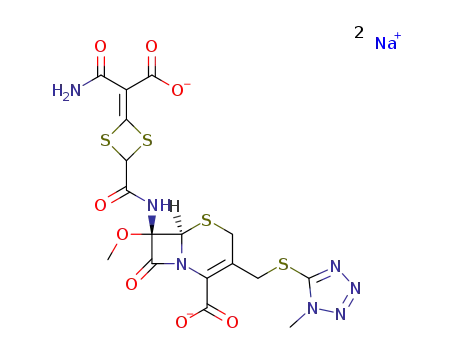 Molecular Structure of 74356-00-6 (Disodium (7R)-7-[[4-(carbamoyl-carboxylato-methylidene)-1,3-dithietane-2-carbonyl]amino]-7-methoxy-3-[(1-methyltetrazol-5-yl)sulfanylmethyl]-8-oxo-5-thia-1-azabicyclo[4.2.0]oct-2-ene-2-carboxylate)