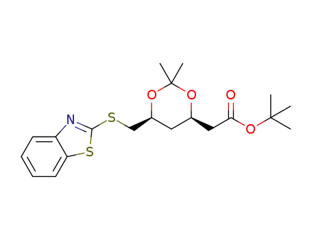 Molecular Structure of 1353750-24-9 ((4R,6S)-6-(benzothiazol-2-mercapto)methyl-2,2-dimethyl-1,3-dioxane-4-acetic acid tert-butyl ester)
