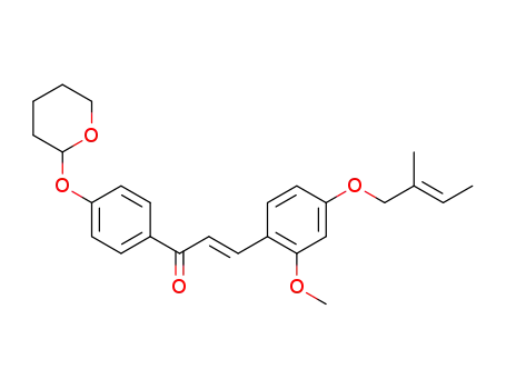 Molecular Structure of 1224514-27-5 ((E)-3-[2-methoxy-4-(2-methylbut-2-enyloxy)phenyl]-1-[4-(tetrahydropyranyloxy) phenyl]prop-2-en-1-one)