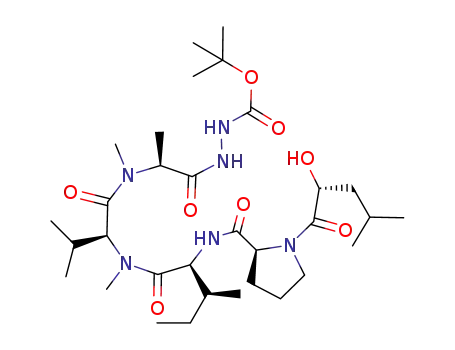Molecular Structure of 383397-18-0 (N'-[(S)-2-({(S)-2-[((2S,3S)-2-{[(S)-1-((R)-2-Hydroxy-4-methyl-pentanoyl)-pyrrolidine-2-carbonyl]-amino}-3-methyl-pentanoyl)-methyl-amino]-3-methyl-butyryl}-methyl-amino)-propionyl]-hydrazinecarboxylic acid tert-butyl ester)