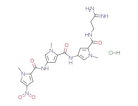 Molecular Structure of 6576-50-7 (N-(3-amino-3-iminopropyl)-1-methyl-4-{[(1-methyl-4-{[(1-methyl-4-nitro-1H-pyrrol-2-yl)carbonyl]amino}-1H-pyrrol-2-yl)carbonyl]amino}-1H-pyrrole-2-carboxamide hydrochloride)