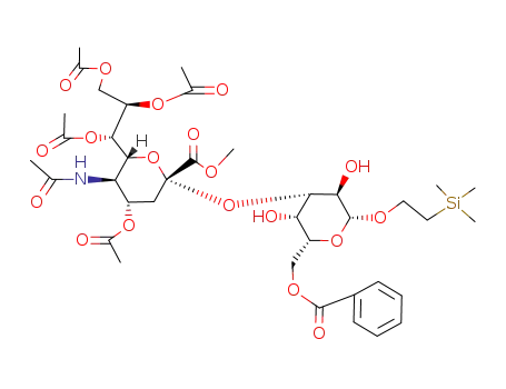 Molecular Structure of 121377-30-8 (2-(trimethylsilyl)ethyl O-(methyl 5-acetamido-4,7,8,9-tetra-O-acetyl-3,5-dideoxy-D-glycero-α-D-galacto-2-nonulopyranosylonate)-(2->3)-6-O-benzoyl-β-D-galactopyranoside)