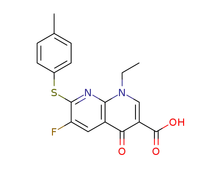 Molecular Structure of 114190-30-6 (1,8-Naphthyridine-3-carboxylic acid,
1-ethyl-6-fluoro-1,4-dihydro-7-[(4-methylphenyl)thio]-4-oxo-)