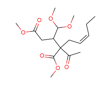 Molecular Structure of 63528-46-1 (Pentanedioic acid, 2-acetyl-3-(dimethoxymethyl)-2-(2-pentenyl)-,
dimethyl ester)