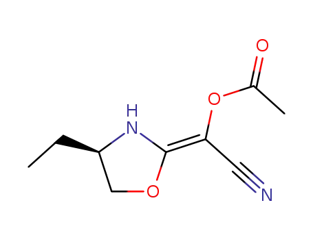 Molecular Structure of 126232-68-6 (methyl (R)-(-)-(E)-(4-ethyl-2-oxazolidinylidene)cyanoacetate)
