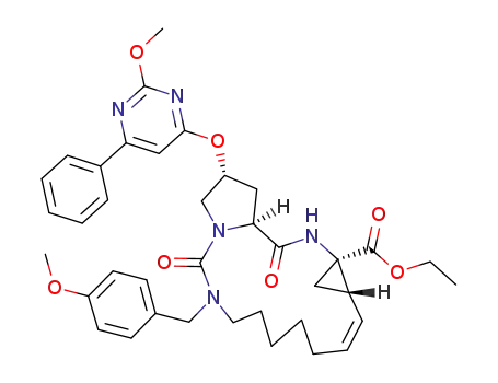 Molecular Structure of 1044559-31-0 (14-(4-methoxy-benzyl)-18-(2-methoxy-6-phenyl-pyrimidin-4-yloxy)-2,15-dioxo-3,14,16-triaza-tricyclo[14.3.0.0*4,6*]nonadec-7-ene-4-carboxylic acid ethyl ester)