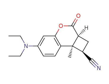 Molecular Structure of 121983-26-4 (1-endo-cyano-8b-methyl-6-diethylamino-1,2,2a,8b-tetrahydro-3H-cyclobuta<c>chromen-3-one)