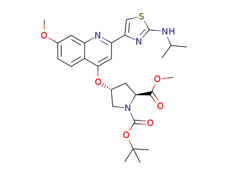 Molecular Structure of 877068-90-1 (1,2-Pyrrolidinedicarboxylic acid,
4-[[7-methoxy-2-[2-[(1-methylethyl)amino]-4-thiazolyl]-4-quinolinyl]oxy]-,
1-(1,1-dimethylethyl) 2-methyl ester, (2S,4R)-)