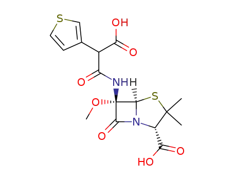 Molecular Structure of 94493-48-8 (4-Thia-1-azabicyclo[3.2.0]heptane-2-carboxylic acid,
6-[[(2R)-carboxy-3-thienylacetyl]amino]-6-methoxy-3,3-dimethyl-7-oxo-,
(2S,5R,6S)-)