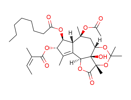 Molecular Structure of 123269-04-5 (Octanoic acid (2aS,5aS,7S,7aR,8S,9S,10bS,10cR)-7-acetoxy-10c-hydroxy-2a,4,4,7,10-pentamethyl-9-((Z)-2-methyl-but-2-enoyloxy)-2-oxo-2,2a,5a,6,7,7a,8,9,10b,10c-decahydro-1,3,5-trioxa-benzo[cd]cyclopenta[h]azulen-8-yl ester)
