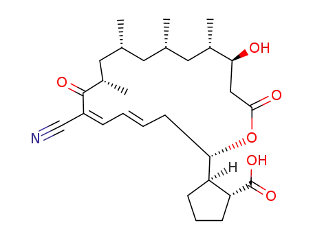 Molecular Structure of 768395-41-1 ((1R,2R)-2-((4E,6Z)-(2S,9S,11R,13S,15S,16S)-7-Cyano-16-hydroxy-9,11,13,15-tetramethyl-8,18-dioxo-oxacyclooctadeca-4,6-dien-2-yl)-cyclopentanecarboxylic acid)