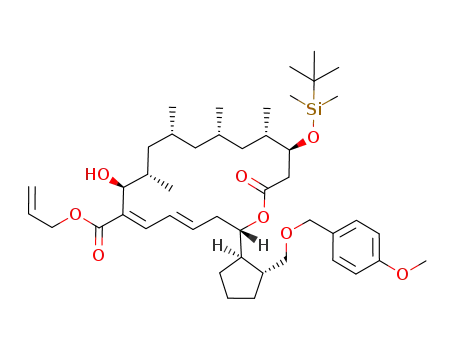 Molecular Structure of 935872-09-6 ((2S,4E,6E,8S,9S,11R,13S,15S,16S)-allyl 16-(tert-butyldimethylsilyloxy)-8-hydroxy-2-{(1R,2R)-2-[(4-methoxybenzyloxy)methyl]cyclopentyl}-9,11,13,15-tetramethyl-18-oxooxacyclooctadeca-4,6-diene-7-carboxylate)