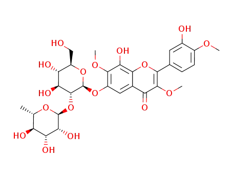 Molecular Structure of 1166398-39-5 (8,3'-dihydroxy-3,7,4'-trimethoxy-6-O-[α-L-rhamnopyranosyl-(1->2)]-β-D-glucopyranoside flavone)