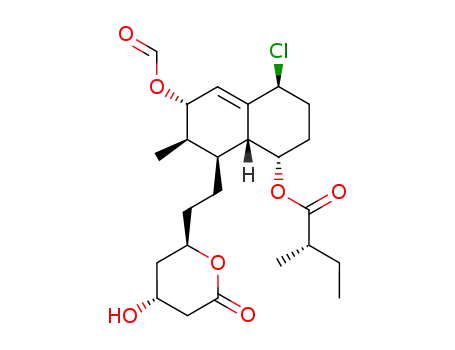 Molecular Structure of 153079-18-6 ((S)-2-Methyl-butyric acid (1S,4S,6S,7R,8S,8aR)-4-chloro-6-formyloxy-8-[2-((2R,4R)-4-hydroxy-6-oxo-tetrahydro-pyran-2-yl)-ethyl]-7-methyl-1,2,3,4,6,7,8,8a-octahydro-naphthalen-1-yl ester)