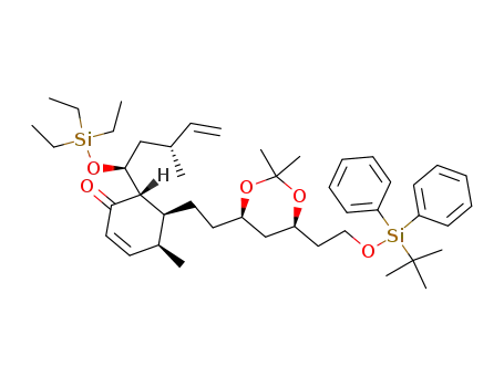 Molecular Structure of 117020-89-0 (<4S-<4α,5α(4S<sup>*</sup>,6R<sup>*</sup>),6β(1R<sup>*</sup>,3S<sup>*</sup>)>>-5-<2-<6-<2-<<(1,1-dimethylethyl)diphenylsilyl>oxy>ethyl>-2,2-dimethyl-1,3-dioxan-4-yl>ethyl>-4-methyl-6-<3-methyl-1-<(triethylsilyl)oxy>-4-pentenyl>-2-cyclohexen-1-one)