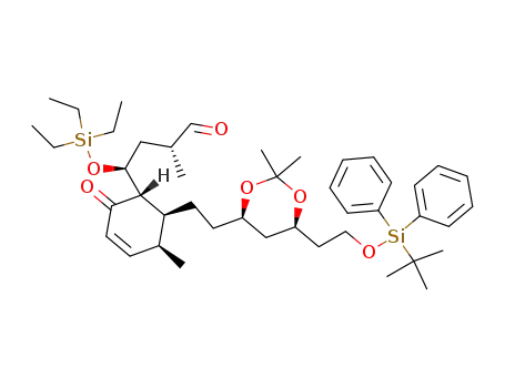 Molecular Structure of 116996-43-1 (<1S-<1α(αS,γR*),5β,6β(4Σ<sup>*</sup>,6R<sup>*</sup>)>>-6-<2-<6-<2-<<(1,1-dimethylethyl)diphenylsilyl>oxy>ethyl>-2,2-dimethyl-1,3-dioxan-4-yl>ethyl>-α,5-dimethyl-2-oxo-γ-<(triethylsilyl)oxy>-3-cyclohexene-1-butanal)