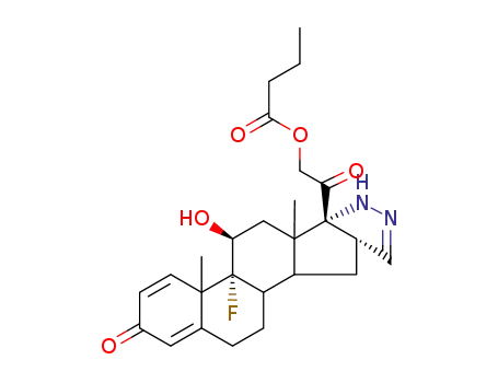 Molecular Structure of 72149-73-6 (Pregna-1,4-dieno[17,16-c]pyrazole-3,20-dione,9-fluoro-2',16-dihydro-11-hydroxy-21-(1-oxobutoxy)-, (11b,16b)- (9CI))