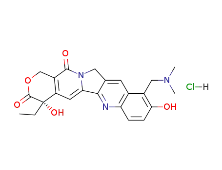 Molecular Structure of 119413-54-6 (1H-Pyrano[3',4':6,7]indolizino[1,2-b]quinoline-3,14(4H,12H)-dione,10-[(dimethylamino)methyl]-4-ethyl-4,9-dihydroxy-, hydrochloride (1:1), (4S)-)