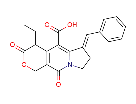 Molecular Structure of 145474-13-1 ((E)-6-benzylidene-4-ethyl-3,10-dioxo-3,4,6,7,8,10-hexahydro-1H-pyrano[3,4-f]indolizine-5-carboxylic acid)