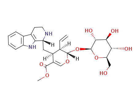 Molecular Structure of 19456-89-4 ((4S)-4β-[[(1R)-1,2,3,4-Tetrahydro-β-carboline-1β-yl]methyl]-5β-ethenyl-6α-(β-D-glucopyranosyloxy)-5,6-dihydro-4H-pyran-3-carboxylic acid methyl ester)