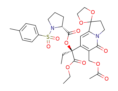 Molecular Structure of 110714-46-0 ((R)-((S)-2-(6′-(acetoxymethyl)-5′-oxo-3′,5′-dihydro-2′H-spiro[[1,3]dioxolane-2,1′-indolizine]-7′-yl)-1-ethoxy-1-oxobutan-2-yl) 1-tosylpyrrolidine-2-carboxylate)
