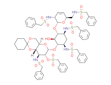 Molecular Structure of 84039-24-7 (1,3,2',6',3''-penta-N-benzylsulfonyl-2''-O-benzylsulfonyl-4'',6''-O-cyclohexylidene-3',4'-dideoxykanamycin B-3'-ene)